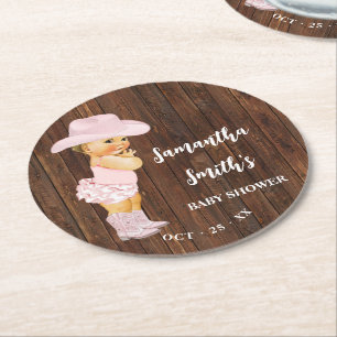 Little Pink Cowgirl Western Baby Shower Round Paper Coaster