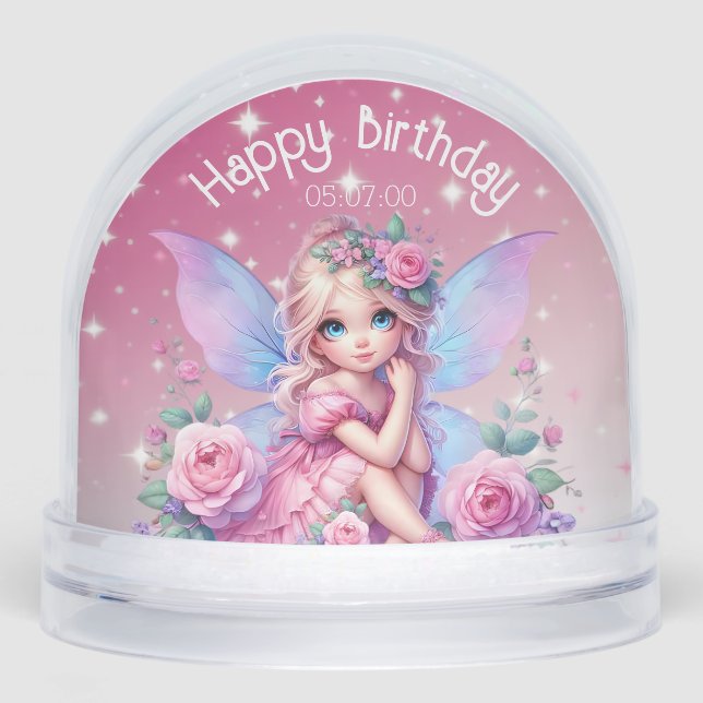 Little PInk Fairy with Roses & Stars Birthday Snowglobe (Front)