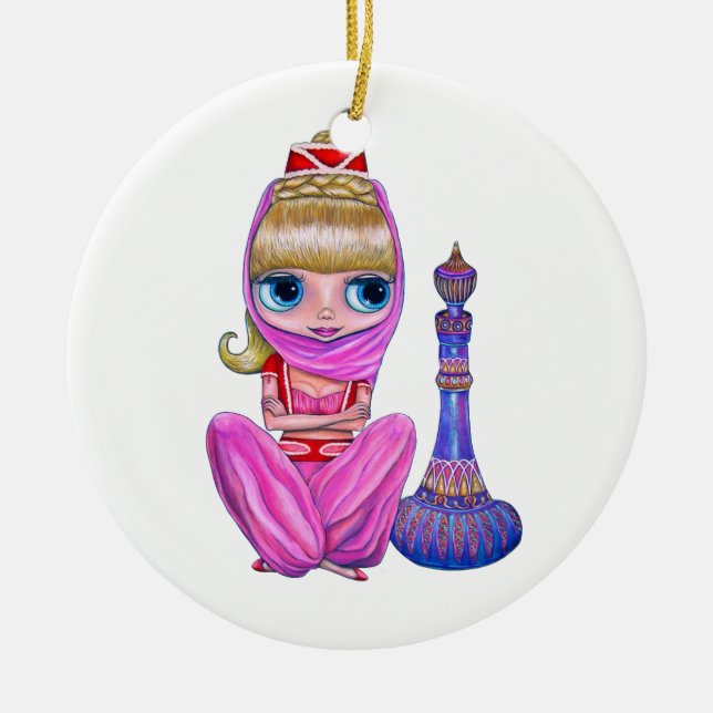 Little Pink Genie Belly Dancer Big Eyes Cute Ceramic Tree Decoration (Front)