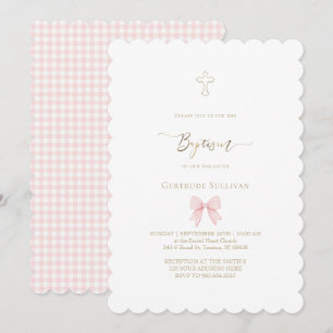 little pink gingham bow Baptism Invitation