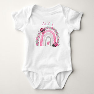  Little Pink Lady Bugs with Rainbow  Baby Bodysuit