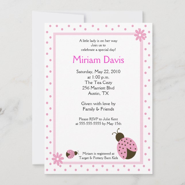 Little Pink Ladybugs 5x7 Baby Shower Invitations (Front)