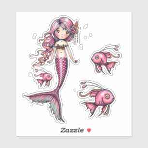 Little Pink Mermaid and Fish Illustration