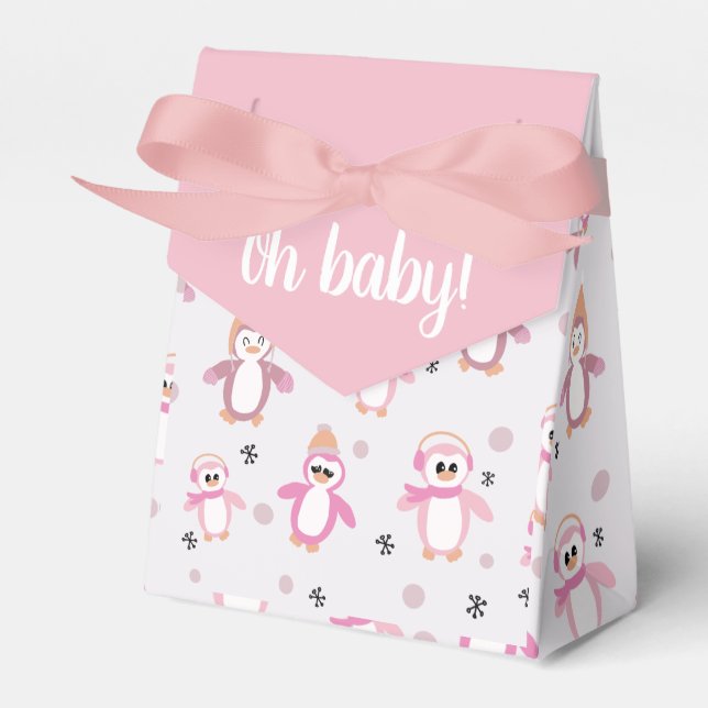 Little Pink Penguin Winter Baby Shower Favour Box (Front Side)