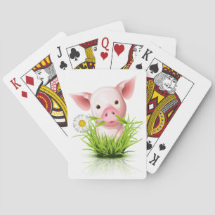 Little pink pig in grass playing cards