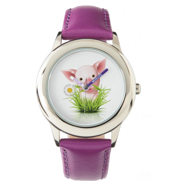 Little pink pig in green grass watch (Front)