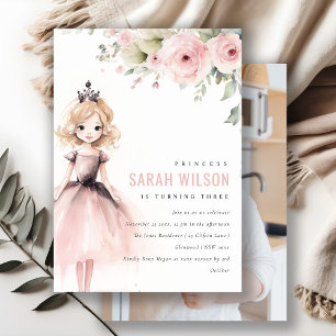 Little Pink Princess Rose Floral Birthday Photo Invitation