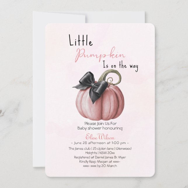 Little pink pumpkin bow is on the way2 invitation (Front)