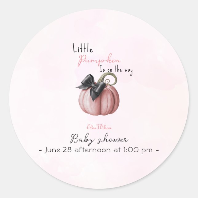 Little pink pumpkin bow is on the way classic round sticker (Front)