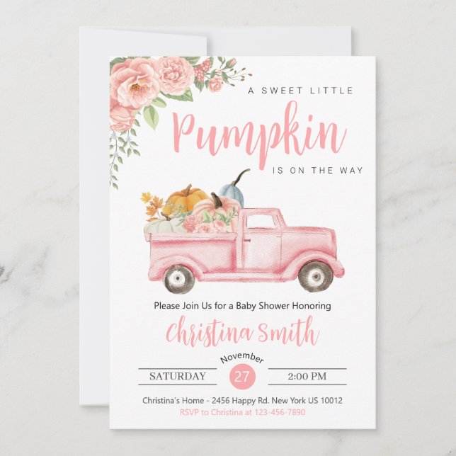 Little Pink Pumpkin Rustic Truck Baby Girl Shower Invitation (Front)