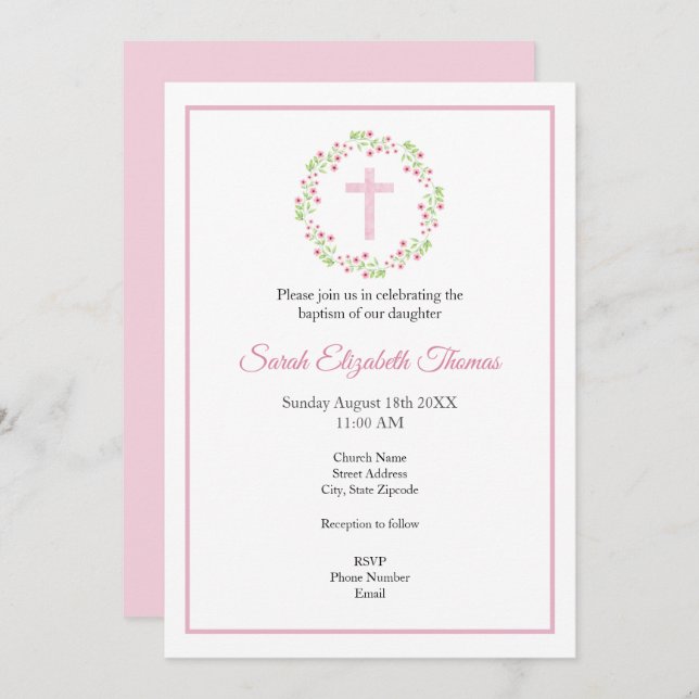 Little Pink Watercolor Blossoms Wreath & Cross Invitation (Front/Back)