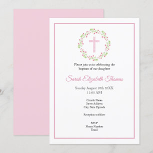 Little Pink Watercolor Blossoms Wreath & Cross Invitation