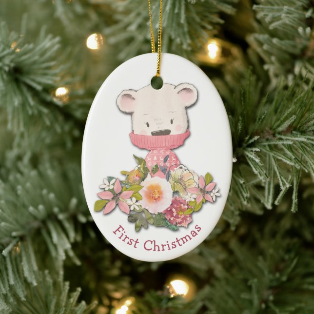 Little Pink Winter Bear Baby's First Christmas Ceramic Tree Decoration (Tree)