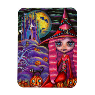 Little Pink Witch Big Eyes Halloween Black Cat Magnet