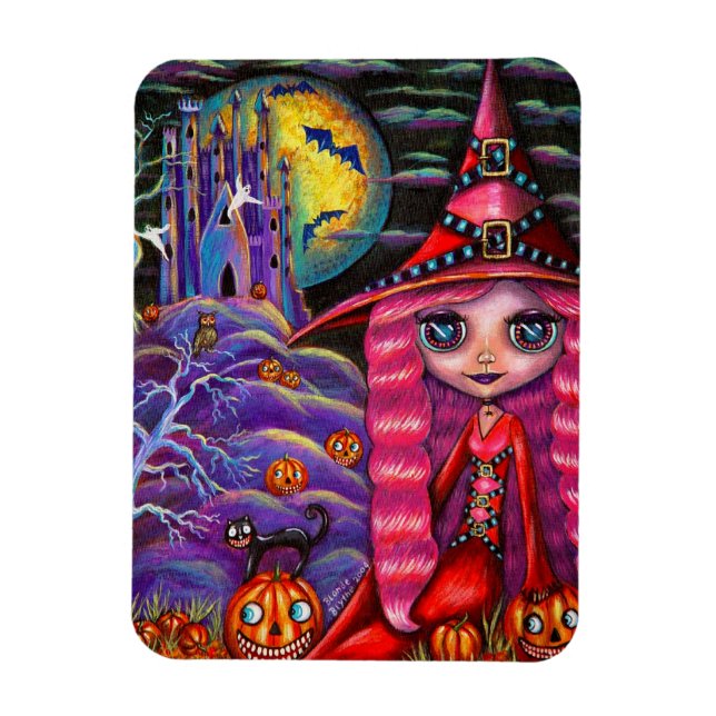 Little Pink Witch Big Eyes Halloween Black Cat Magnet (Vertical)
