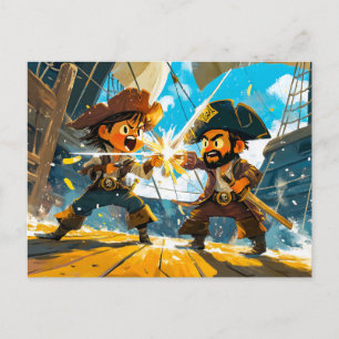 Little Pirate Battling Another Pirate on a Ship Postcard