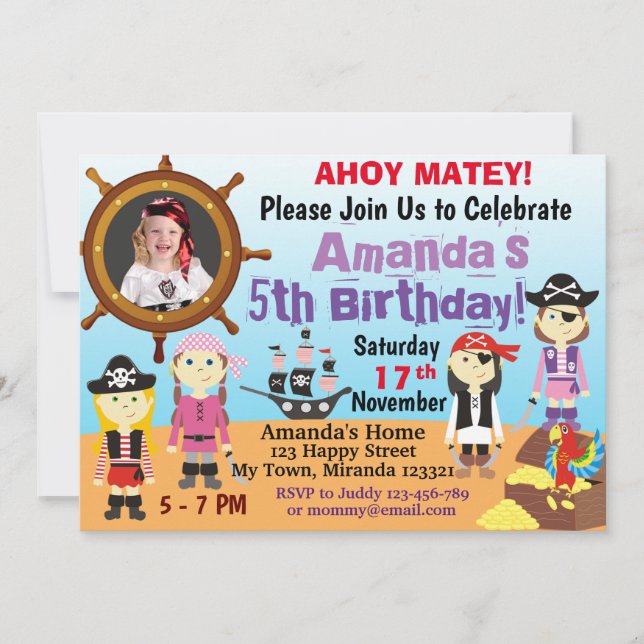 Little Pirate Girl Boys birthday Invitation (Front)