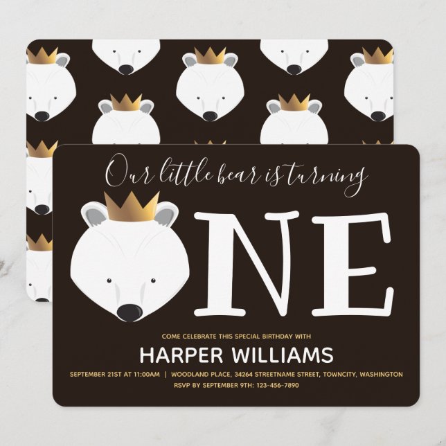 Little Polar Bear Crown One Animal First Birthday Invitation (Front/Back)