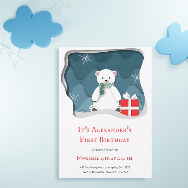 Little Polar Bear with Red Present First Birthday Invitation (Creator Uploaded)
