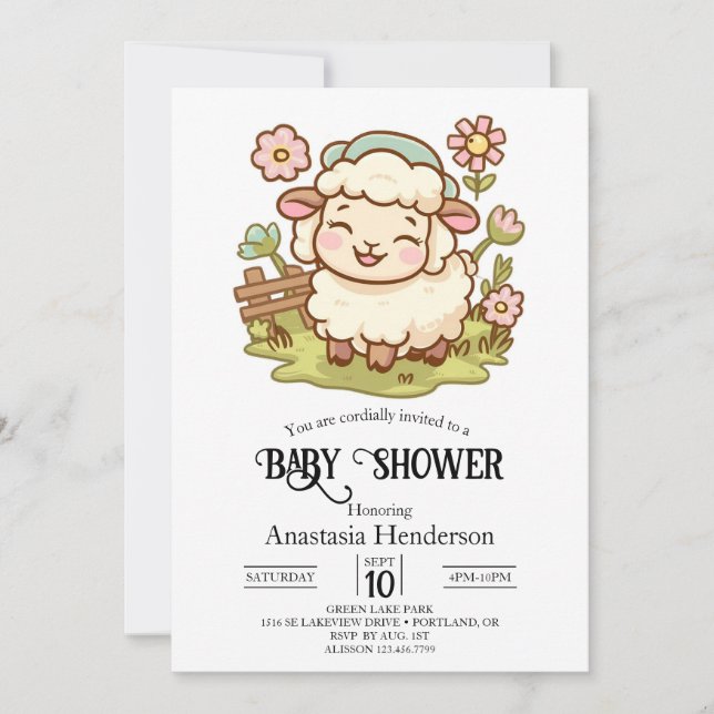 Little Pretty Sheep Baby Shower Invitation (Front)