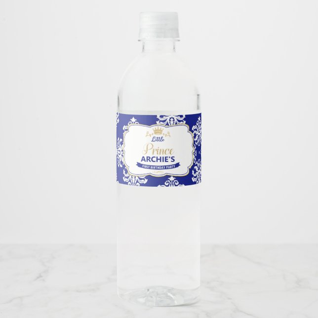 Little Prince 1st Birthday Party Royal Blue Favour Water Bottle Label (Front)
