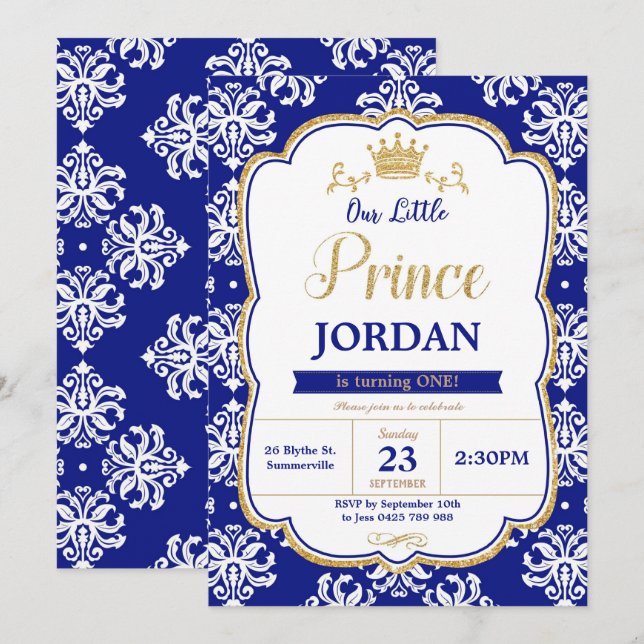 Little Prince 1st Birthday Royal Blue Damask Boy Invitation (Front/Back)