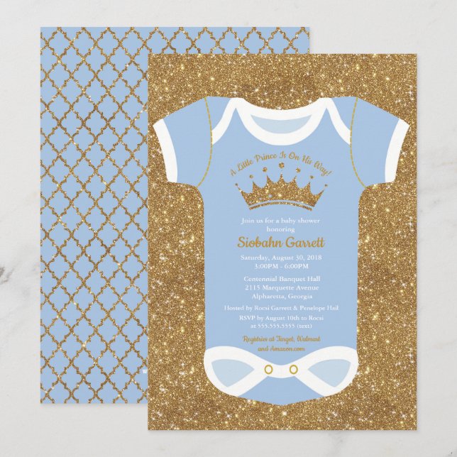 Little Prince Baby Blue & Royal Gold Baby Shower Invitation (Front/Back)