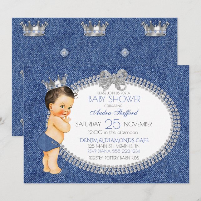 Little Prince Baby Boy Denim & Diamonds Invitation (Front/Back)