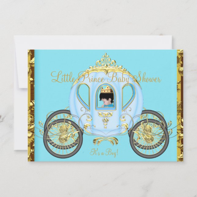 Little Prince Baby Shower Blue Gold Boy Carriage Invitation (Front)