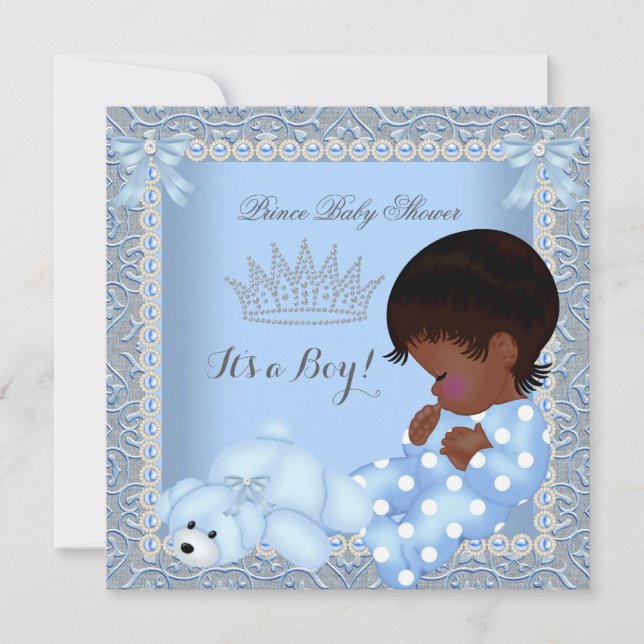 Little Prince Baby Shower Boy Blue Pearl Damask A2 Invitation (Front)