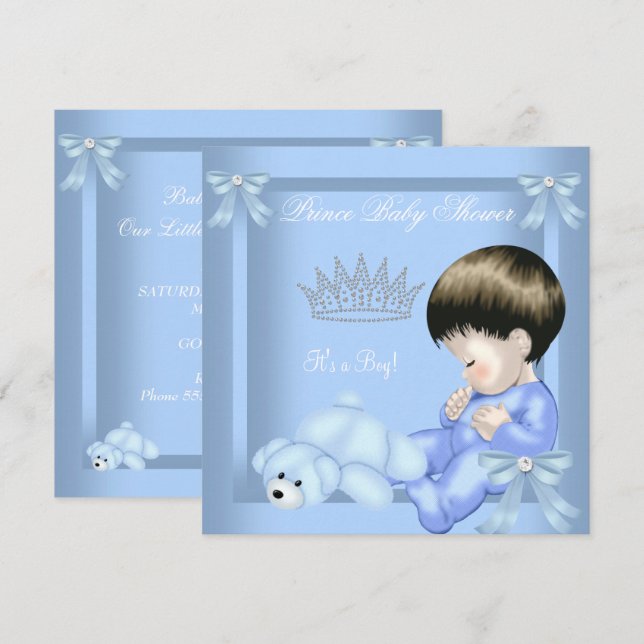 Little Prince Baby Shower Boy Blue Toy Bear Invitation (Front/Back)