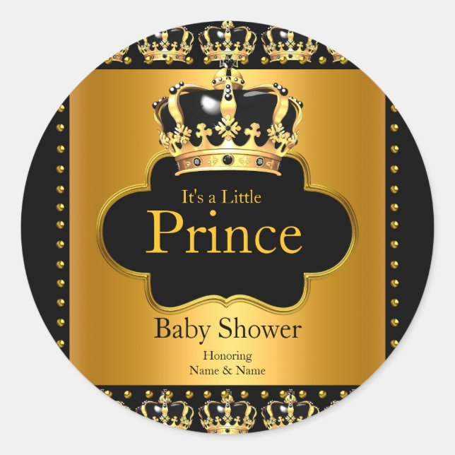 Little Prince Baby Shower Boy Crown Black Gold Classic Round Sticker (Front)