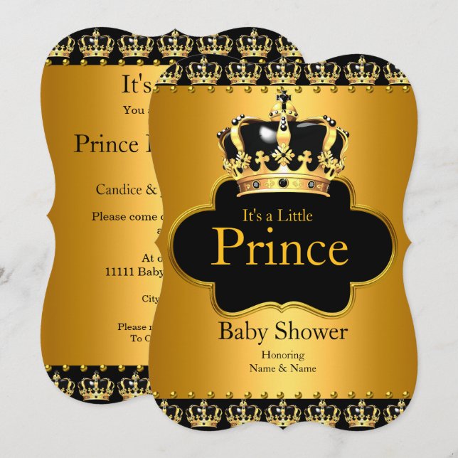 Little Prince Baby Shower Boy Crown Black Gold Invitation (Front/Back)