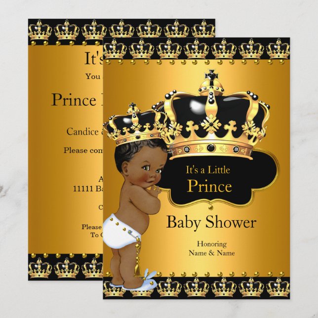 Little Prince Baby Shower Boy Crown Gold Ethnic Invitation (Front/Back)