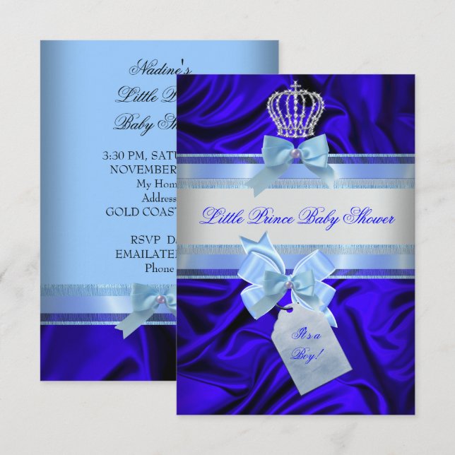 Little Prince Baby Shower Boy Royal Blue 2 Invitation (Front/Back)