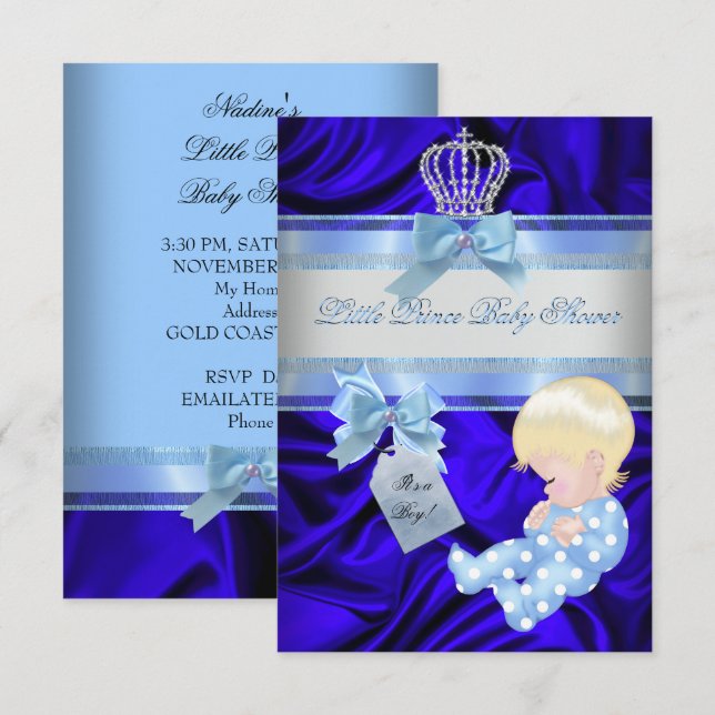 Little Prince Baby Shower Boy Royal Blue Blonde Invitation (Front/Back)