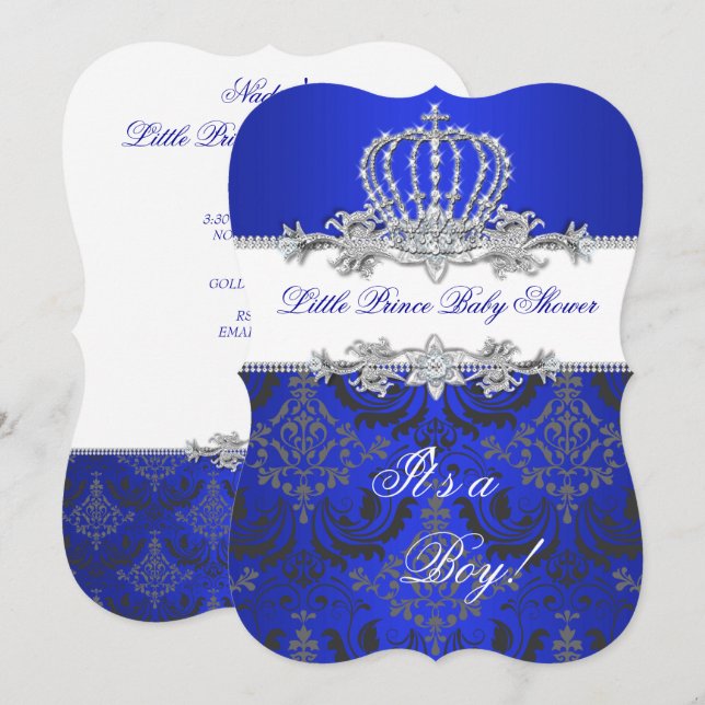 Little Prince Baby Shower Boy Royal Blue Crown 2 Invitation (Front/Back)