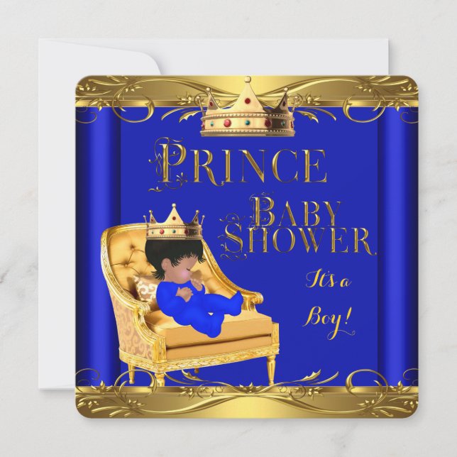Little Prince Baby Shower Boy Royal Blue Crown 6C Invitation (Front)