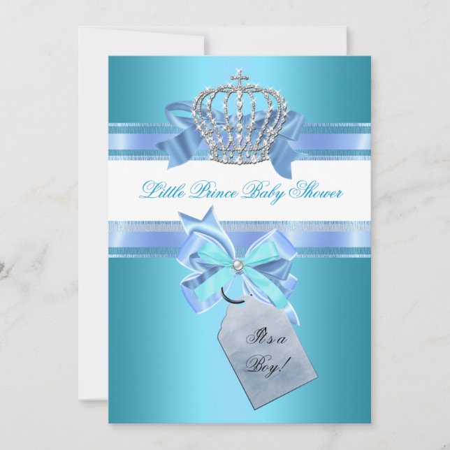 Little Prince Baby Shower Boy Teal Blue Crown 3 Invitation (Front)