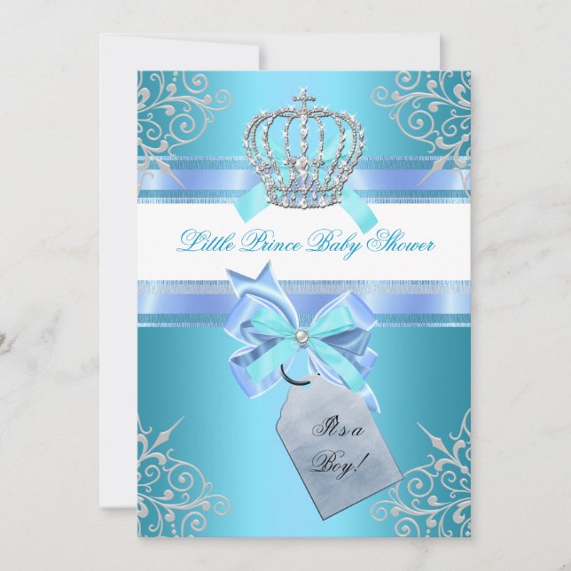 Little Prince Baby Shower Boy Teal Blue Crown 4 Invitation (Front)
