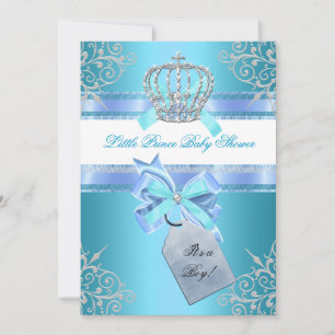 Little Prince Baby Shower Boy Teal Blue Crown 4 Invitation