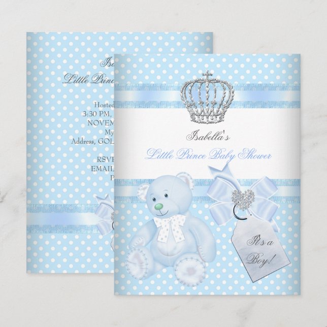 Little Prince Baby Shower Cute Boy Spot Bear Invitation (Front/Back)