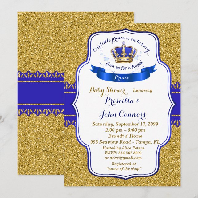 Little Prince Baby Shower Invitation, gold, blue Invitation (Front/Back)