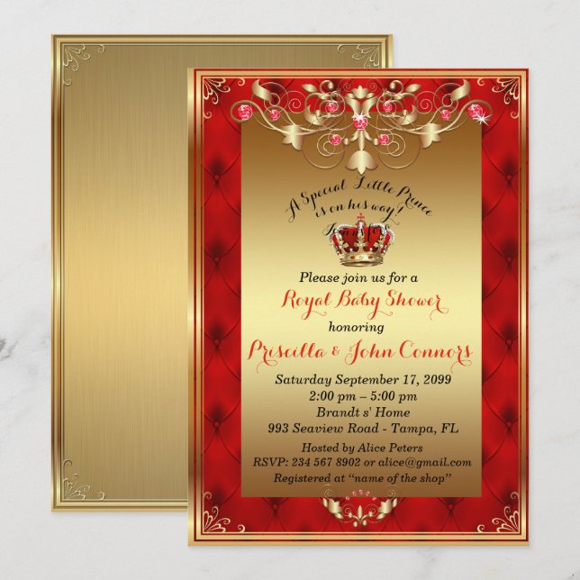Little Prince Baby Shower Invitation,gold,red Invitation (Front/Back)
