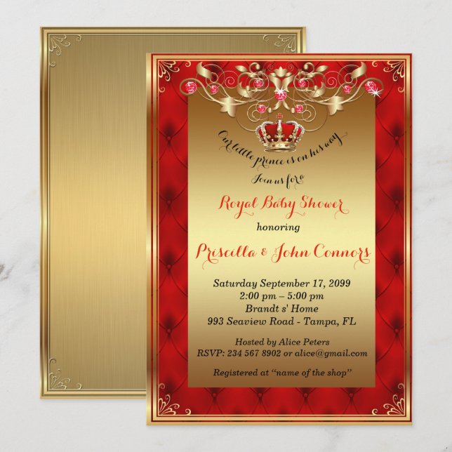 Little Prince Baby Shower Invitation,gold,red Invitation (Front/Back)