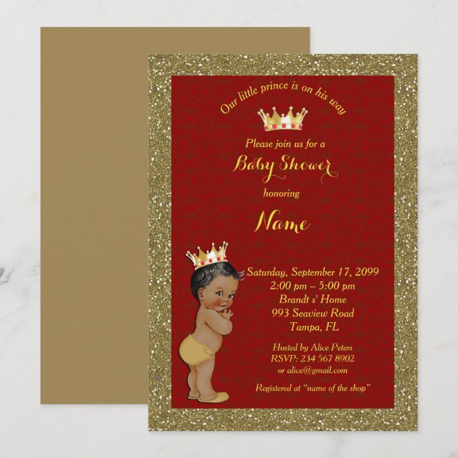 Little Prince Baby Shower Invitation,gold, red Invitation (Front/Back)