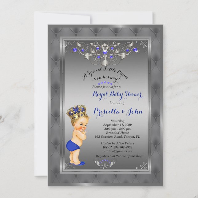 Little Prince Baby Shower Invitation, Royal SILVER Invitation (Front)