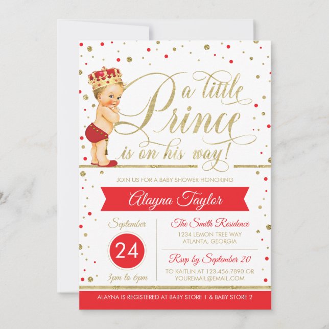 Little Prince Baby Shower Invite, Faux Glitter Invitation (Front)