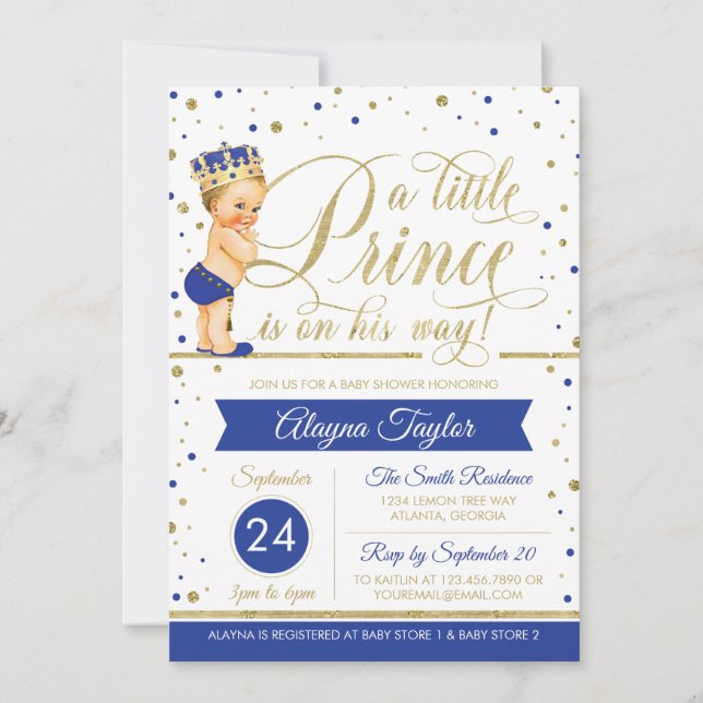 Little Prince Baby Shower Invite, Faux Glitter Invitation (Front)