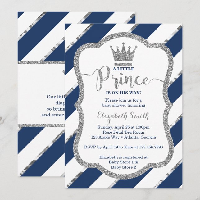 Little Prince Baby Shower Invite, Faux Glitter Invitation (Front/Back)